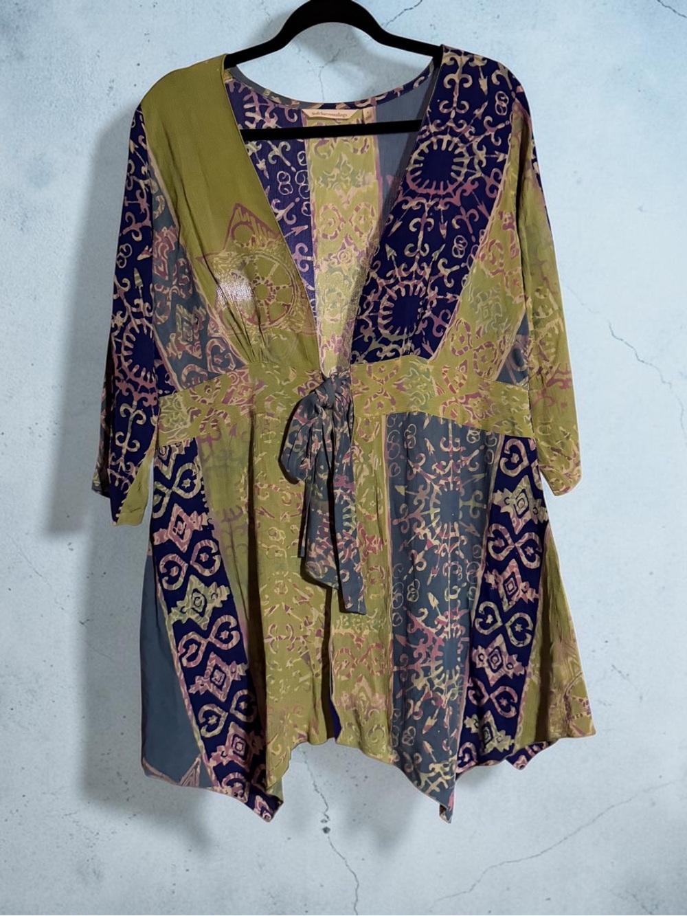 Soft Surroundings Olive, Navy & Lavender Patchwork Tie-Front Kimono